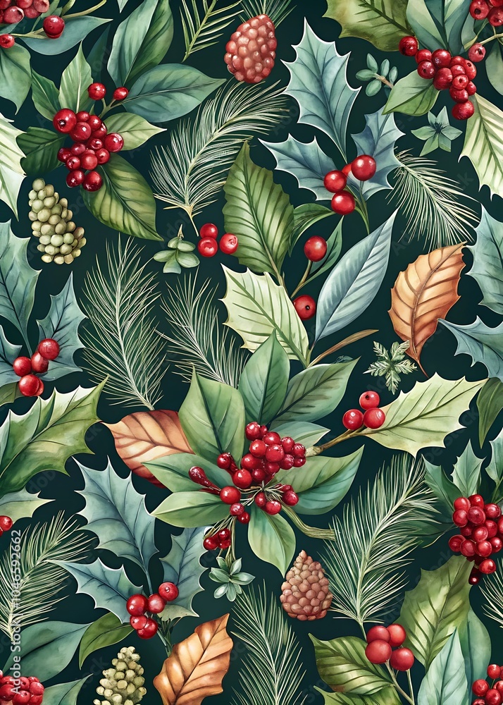 Fototapeta premium Christmas Leaf Pattern Design. Festive Leaf Pattern Background. Holiday Leaves in Christmas Theme. Christmas Leaf Background Pattern. Decorative Christmas Leaf Design.
