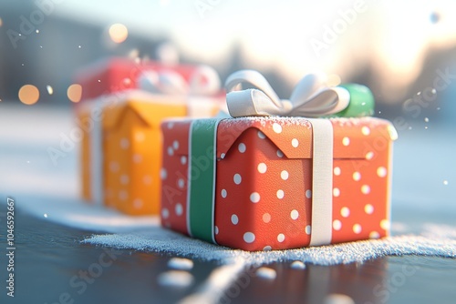 Festive Holiday Gift Boxes on a Snowy Doorstep Creating a Cozy Atmosphere photo