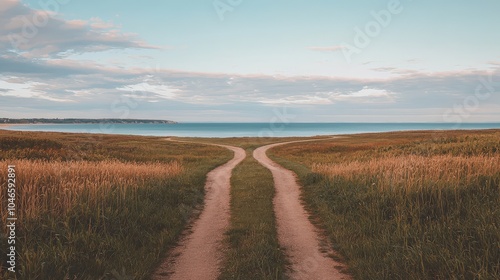 This serene image depicts two roads leading towards a peaceful middle ground, surrounded by lush grass and tranquil waters, inviting exploration and reflection.