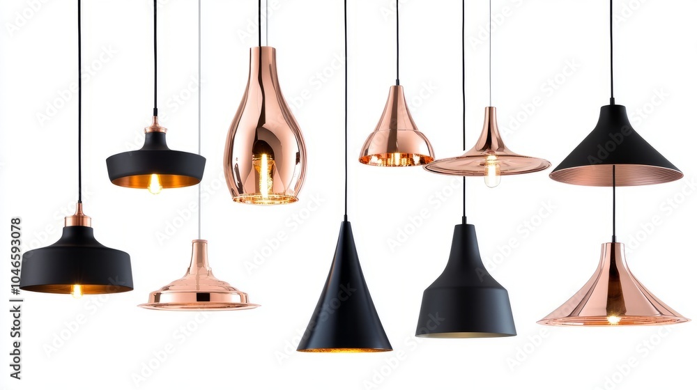 A collection of pendant lights with copper and black elements, suspended elegantly on a white background for modern decor inspiration. A collection of pendant lights with copper and black elements, suspended elegantly on a white background for modern decor inspiration.