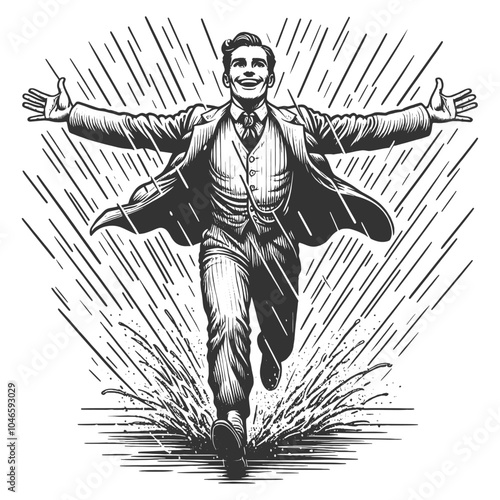 man in suit running joyfully through the rain, expressing freedom and happiness in an engraved style sketch engraving generative ai vector illustration. Scratch board imitation. Black and white image