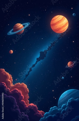 A cartoon parade of colorful planets against the background of outer space. Vertical image. Wallpaper, screensaver, background, print photo