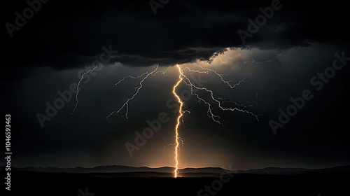 Striking lightning illuminates dark storm clouds over a distant landscape.