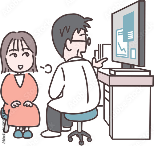 A doctor and a patient are talking while looking at a computer screen in a hospital examination room.