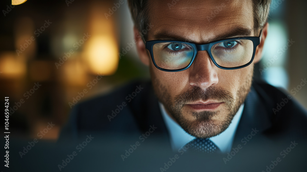 Focused Businessman Working Late with Glasses in Office, Close-up of a businessman wearing glasses, deeply focused on his work, in a dimly lit office setting. Focused Businessman Working Late with Glasses in Office, Close-up of a businessman wearing glasses, deeply focused on his work, in a dimly lit office setting.
