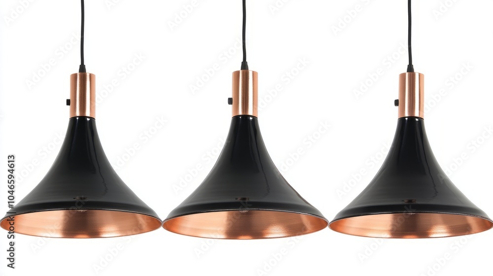 A refined collection of modern pendant lights in copper and black, suspended against a white background to emphasize sleek, minimalist design. A refined collection of modern pendant lights in copper and black, suspended against a white background to emphasize sleek, minimalist design.