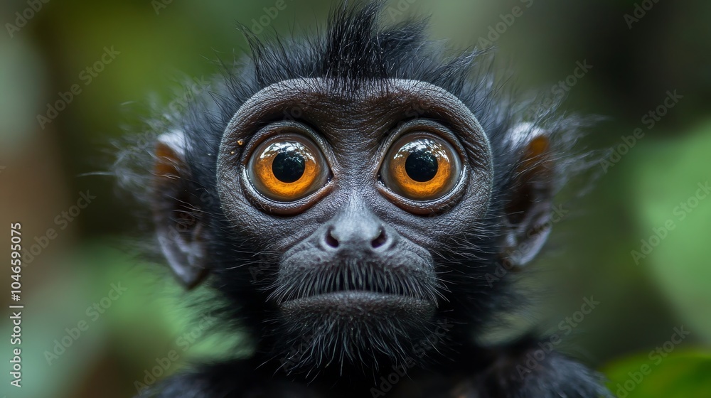 An expressive monkey with striking orange eyes gazes curiously into the camera, emphasizing the wonder of nature and the beauty of wildlife. An expressive monkey with striking orange eyes gazes curiously into the camera, emphasizing the wonder of nature and the beauty of wildlife.