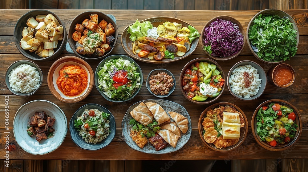 dishes and salads on a wooden table dishes and salads on a wooden table