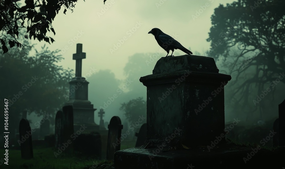 A crow perches on a tombstone in a foggy graveyard. A crow perches on a tombstone in a foggy graveyard.