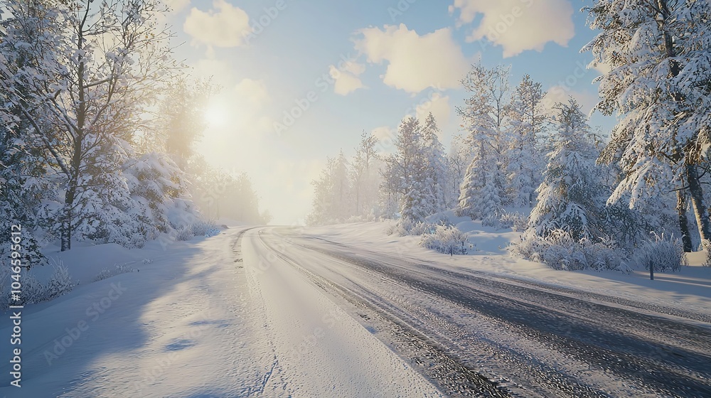 Winter Road Covered with Snow on a Sunny Day Winter Road Covered with Snow on a Sunny Day