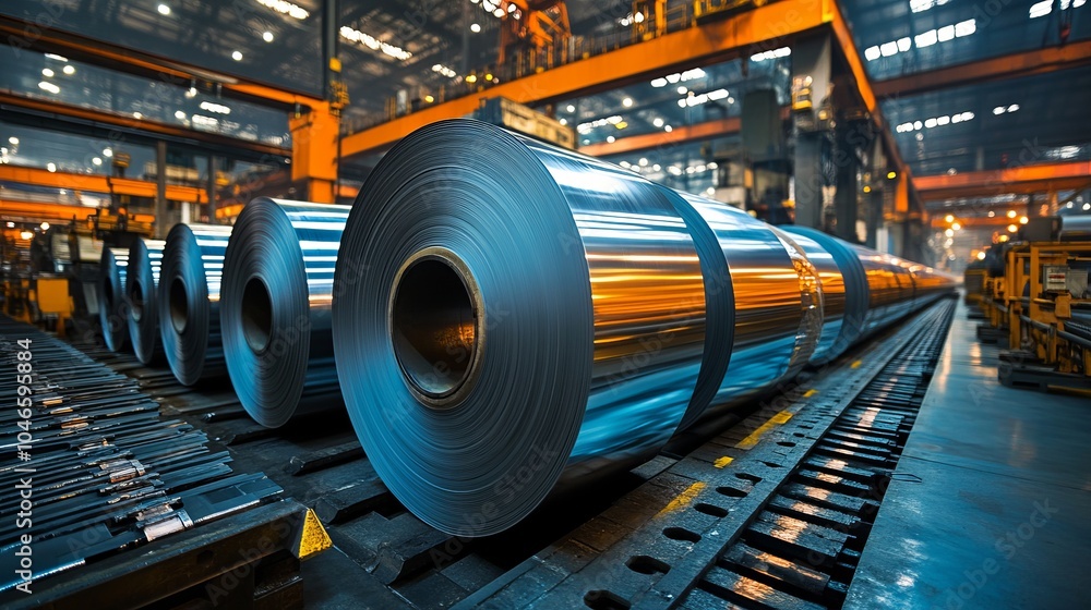 Large rolls of shiny steel are neatly arranged in a factory, capturing the essence of industrial manufacturing and modern production processes in full view. Large rolls of shiny steel are neatly arranged in a factory, capturing the essence of industrial manufacturing and modern production processes in full view.