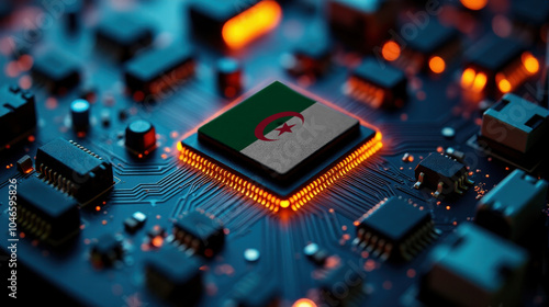 A microprocessor with the Algeria flag is embedded on a circuit board, highlighted by glowing lights, showcasing influence in global semiconductor and computing technology.