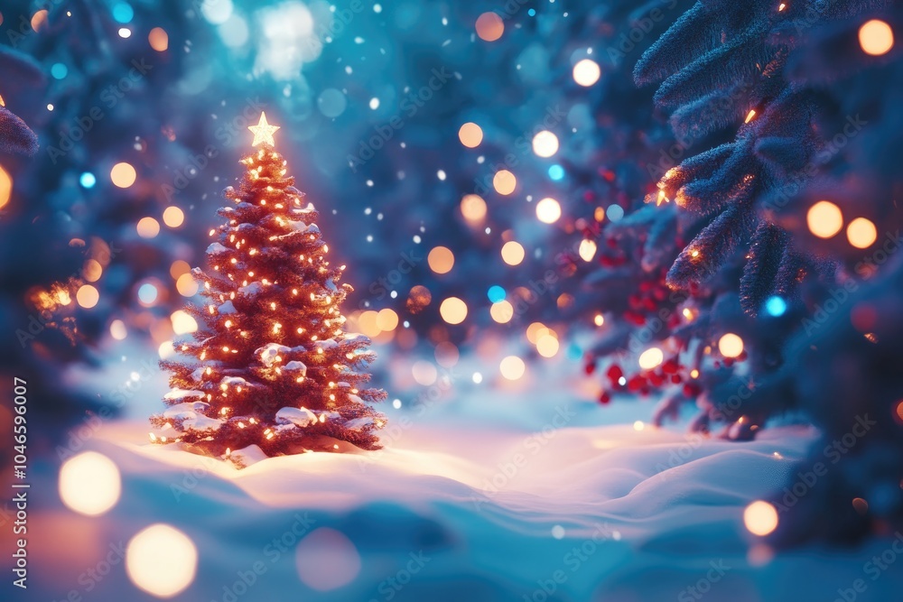 Illuminated Christmas Tree in a Snowy Forest Illuminated Christmas Tree in a Snowy Forest