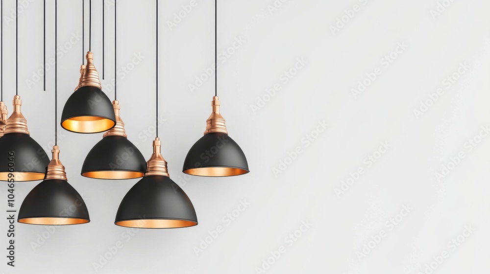 A symmetrical arrangement of black and copper pendant lights against a clean white background, highlighting their sleek, modern design. A symmetrical arrangement of black and copper pendant lights against a clean white background, highlighting their sleek, modern design.
