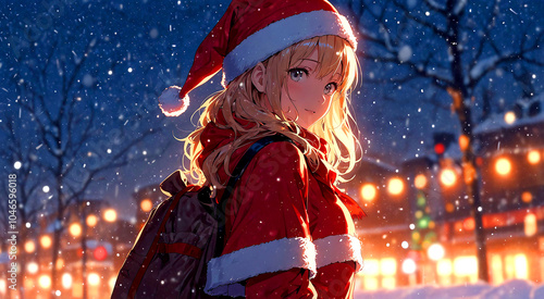 サンタクロースの服を着たアニメ調の美少女と雪景色