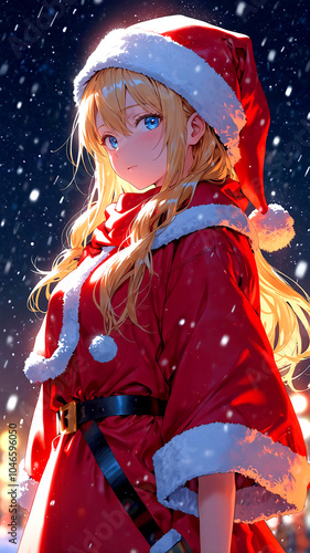 サンタクロースの服を着たアニメ調の美少女と雪景色