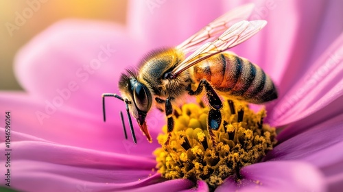 A close-up of a bee pollinating a vibrant pink flower.