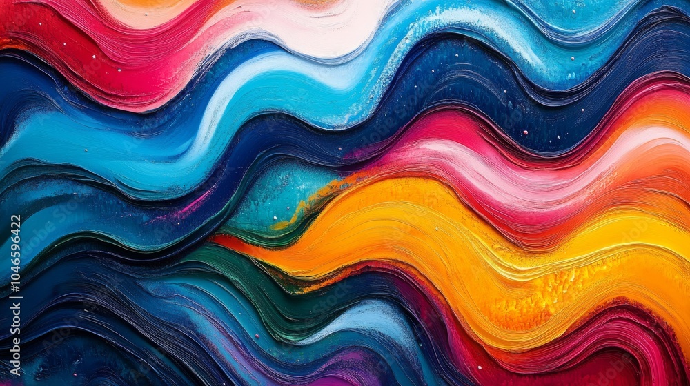 Fototapeta premium This vibrant abstract artwork showcases flowing waves of thick paint in a mesmerizing array of bright and bold colors, creating a dynamic visual experience.