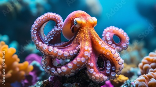 A colorful octopus with its vibrant tentacles curled beautifully, set against a stunning underwater marine backdrop teeming with life and coral structures. photo