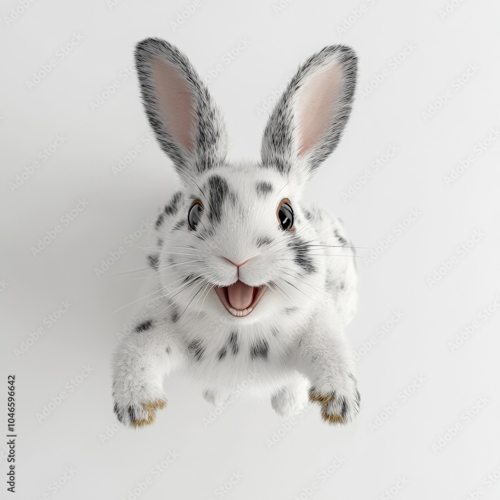 Obraz premium A cheerful spotted rabbit hopping playfully on a clean white background in bright light