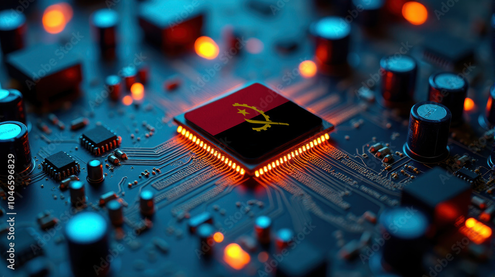 A Angola flagged microchip is centered on a circuit board, surrounded by illuminated components, symbolizing role in semiconductor innovation and technology leadership. A Angola flagged microchip is centered on a circuit board, surrounded by illuminated components, symbolizing role in semiconductor innovation and technology leadership.
