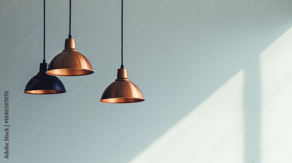 Copper and black pendant lamps with clean lines hang against a simple white backdrop, offering a stylish, minimalist touch Copper and black pendant lamps with clean lines hang against a simple white backdrop, offering a stylish, minimalist touch