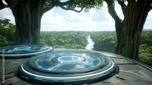 Futuristic Cyberscape with Floating Holographic Discs in Serene Natural Setting photo