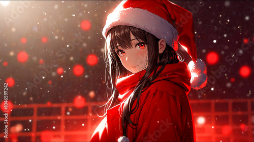 サンタクロースの服を着たアニメ調の美少女と雪景色