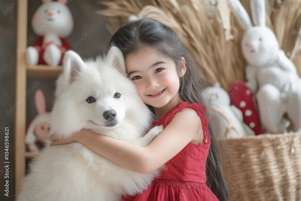 Young girl in red dress hugging a fluffy white dog, surrounded by plush bunnies and a cozy atmosphere. Young girl in red dress hugging a fluffy white dog, surrounded by plush bunnies and a cozy atmosphere.