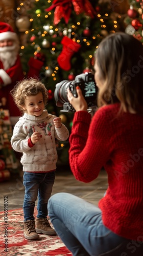 Young child smiles while having a holiday photo taken with Christmas tree and Santa background in cozy setting. photo