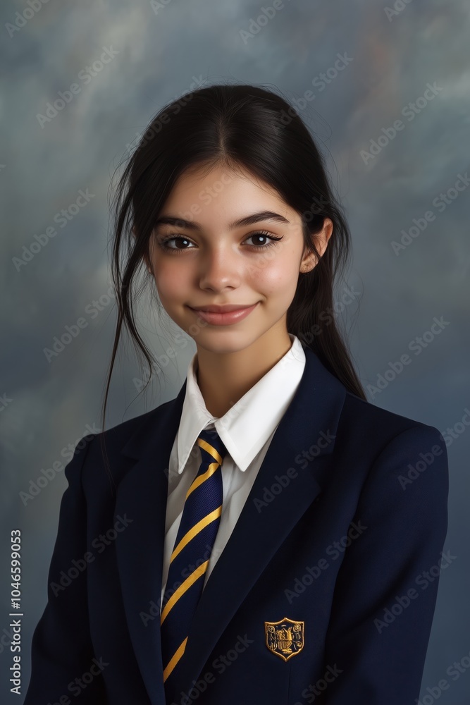 Portrait of a smiling young girl wearing a classic school uniform against a neutral background, expressing confidence and warmth. Portrait of a smiling young girl wearing a classic school uniform against a neutral background, expressing confidence and warmth.