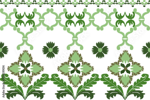 Green and white embroidery, motif ethnic ikat seamless textile illustration, print striped ornament, pattern, design for wrapping, silk, scarf, clothing, rug, textile, carpets, curtains.