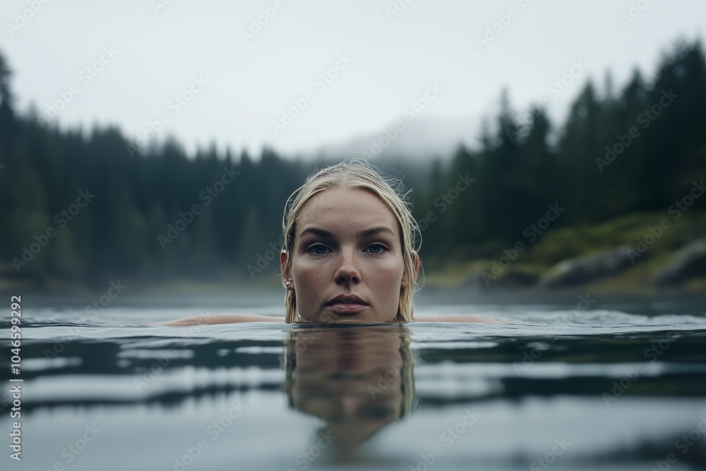 Fototapeta premium A tranquil moment of a woman swimming in a misty, forest-surrounded lake, capturing a sense of peace and nature.