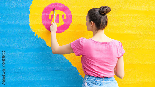 A young woman painting a vibrant mural with bright colors, showcasing her creativity and artistic expression against a cheerful backdrop. photo