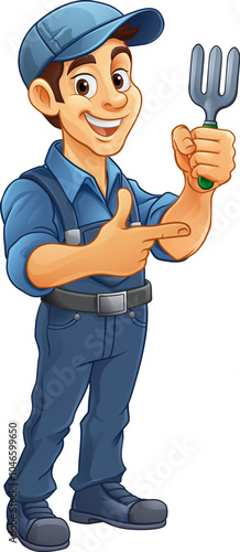A cartoon gardener or farmer handyman mascot man holding a garden fork tool and pointing