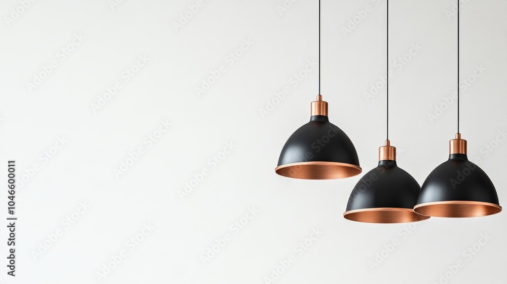 Sleek pendant lights with copper and black finishes hang gracefully against a clean white backdrop, emphasizing refined modernity Sleek pendant lights with copper and black finishes hang gracefully against a clean white backdrop, emphasizing refined modernity