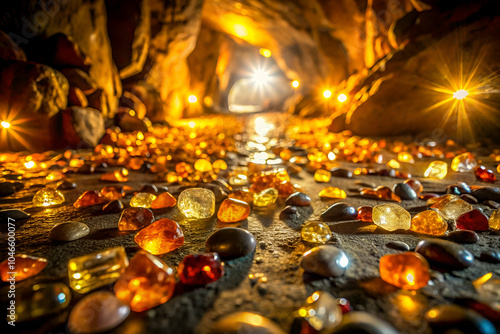 A glowing cave filled with colorful gemstones reflects warm light, creating an enchanting underground scene. photo