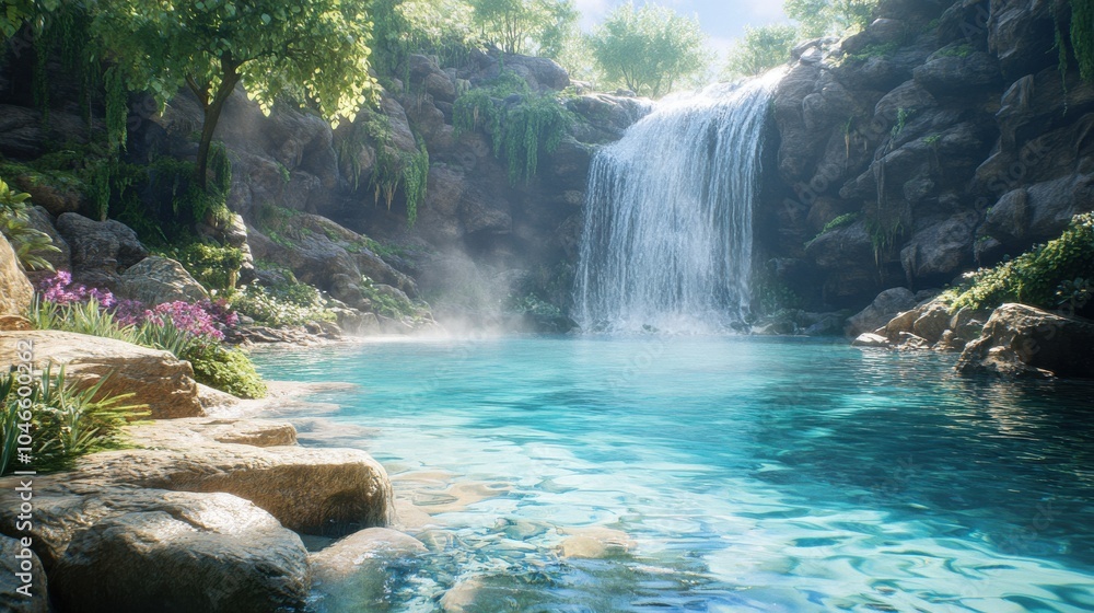 A peaceful waterfall cascading into a crystal-clear pool. A peaceful waterfall cascading into a crystal-clear pool.