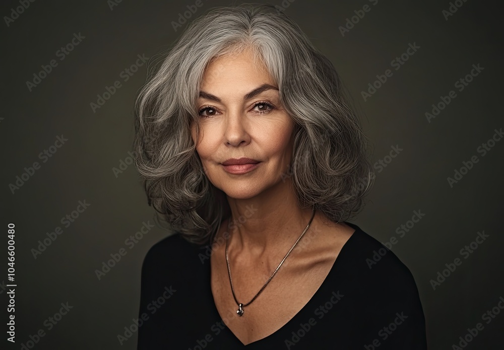 Naklejka premium A middle-aged woman with gray hair in a medium-length wavy hairstyle, wearing black and a silver jewelry necklace.