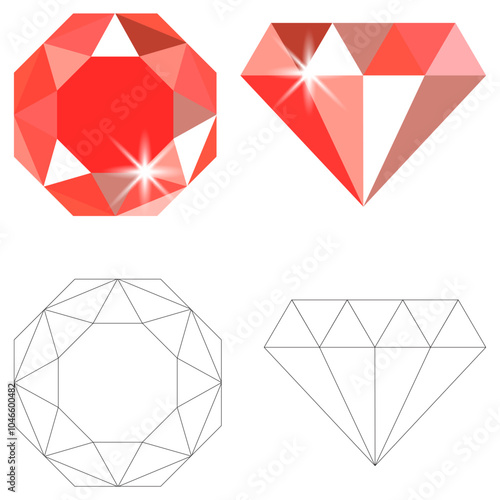 Red gemstone icon. Faceted diamond shapes. Vector crystal set.