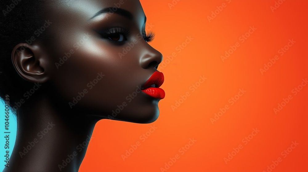 Profile of a stylish woman with vibrant red lips and vivid orange background, highlighting contrast and elegance. Profile of a stylish woman with vibrant red lips and vivid orange background, highlighting contrast and elegance.