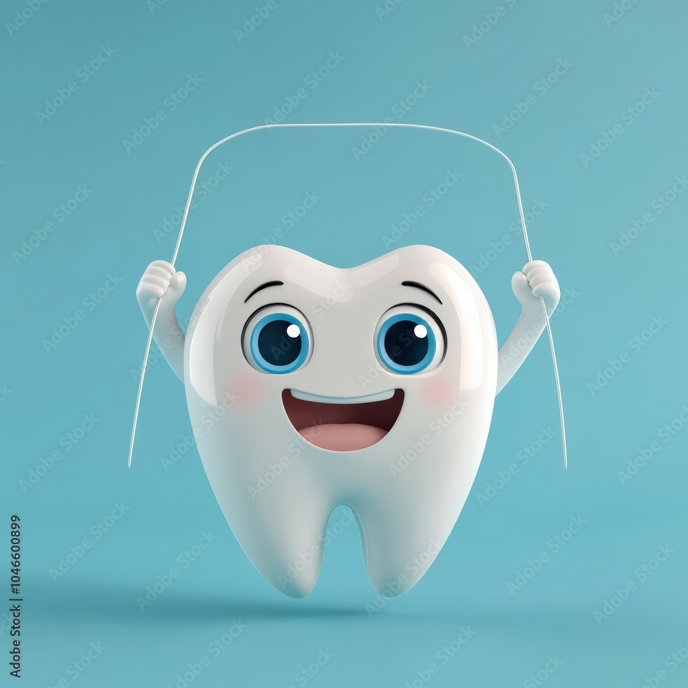 Cute cartoon tooth character happily holding dental floss in a bright ...