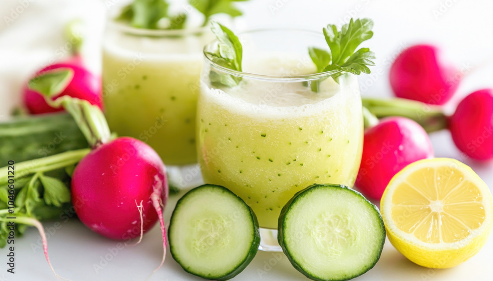 Healthy green smoothie surrounded by fresh ingredients Healthy green smoothie surrounded by fresh ingredients