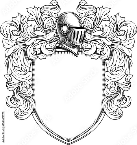 Coat of arms crest knight family medieval shield heraldry heraldic armorial motif. Featuring a knights helm helmet in a vintage etching engraving woodcut style