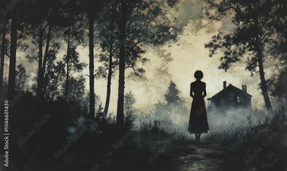 A woman stands in a foggy forest near a house. A woman stands in a foggy forest near a house.