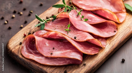 Sliced cured meat on a wooden board with pepper and herbs, appetizing arrangement.