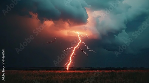 Dramatic lightning strike illuminating a dark, stormy sky over a vast landscape.