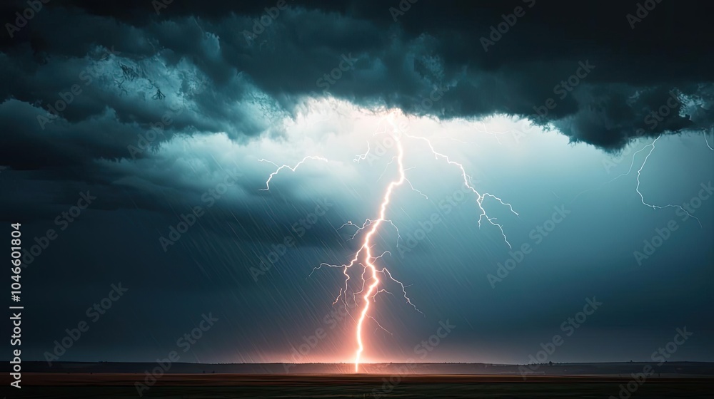 Lightning strikes illuminating a dramatic and stormy sky over a tranquil landscape. Lightning strikes illuminating a dramatic and stormy sky over a tranquil landscape.