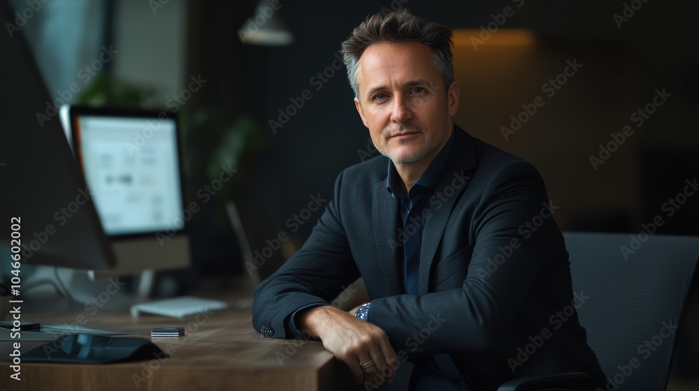 Fototapeta premium Confident Business Executive Sitting in a Modern Office Environment, Mature businessman sitting confidently at a desk in a modern office setting, exuding professionalism and leadership qualities.