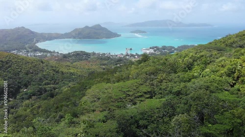 Ste Anne Bay, Island Praslin, Republic of Seychelles, Africa.   
Aerial view of Ste Anne Bay with Round Island, Seychelles.  photo